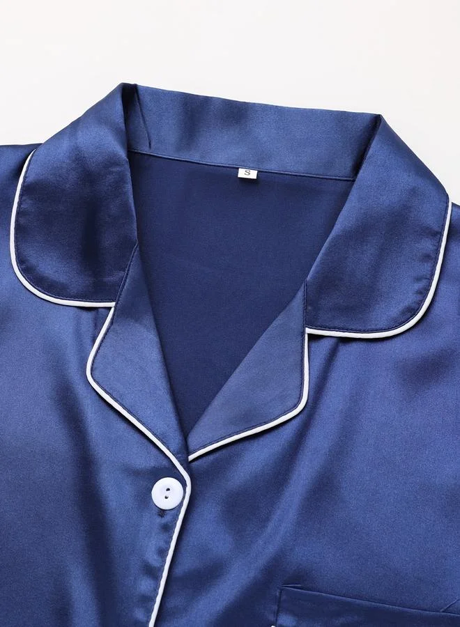 Take Two  Women Navy Blue Long Sleeve Shirt and Pyjama Set for Women | Best Price UAE